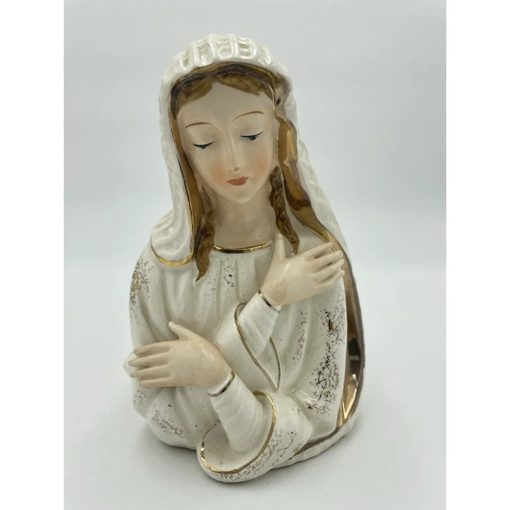 Vintage Artmark‎ Virgin Mary Statute Planter Vase Handpainted Gold Gild